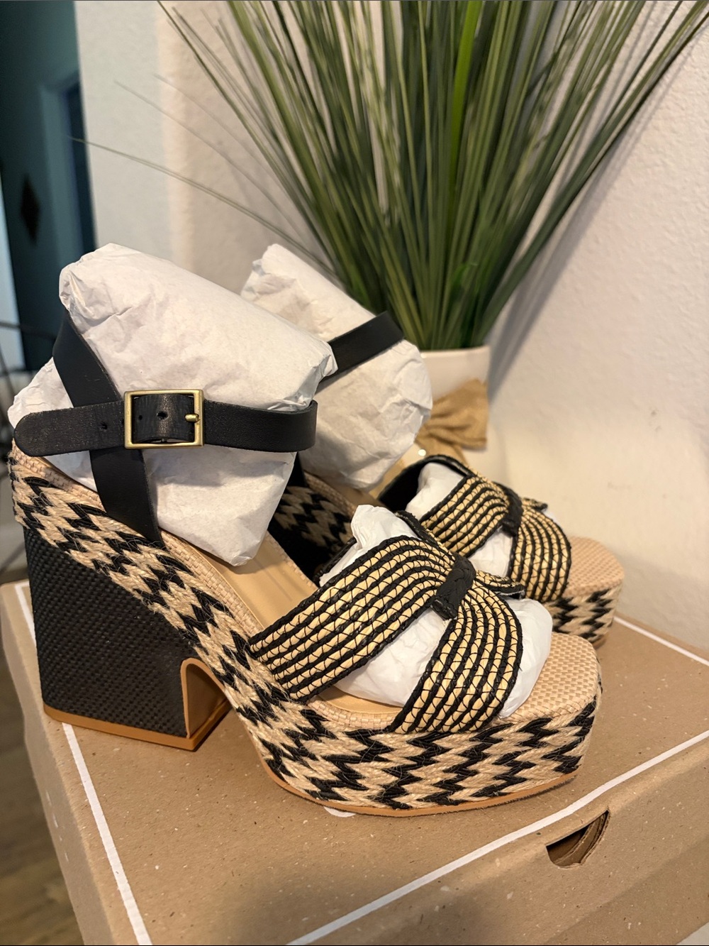 Dolce Vita Black and Natural Woven Platform Wedges